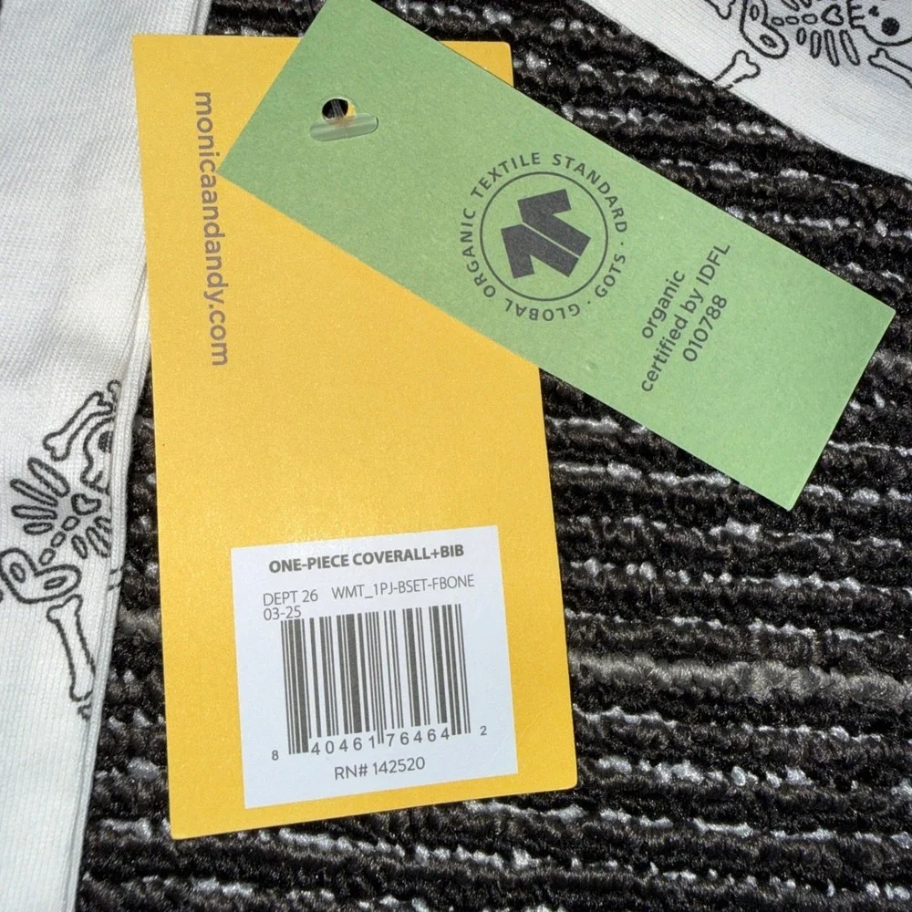 Monica+Andy Coverall Bib Set Kids 9-12M New Skeleton Organic Cotton White Black